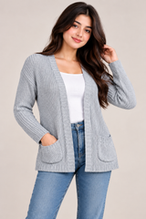 ATMOSPHERE Women Grey Open Front Knitted Cardigan with Pockets