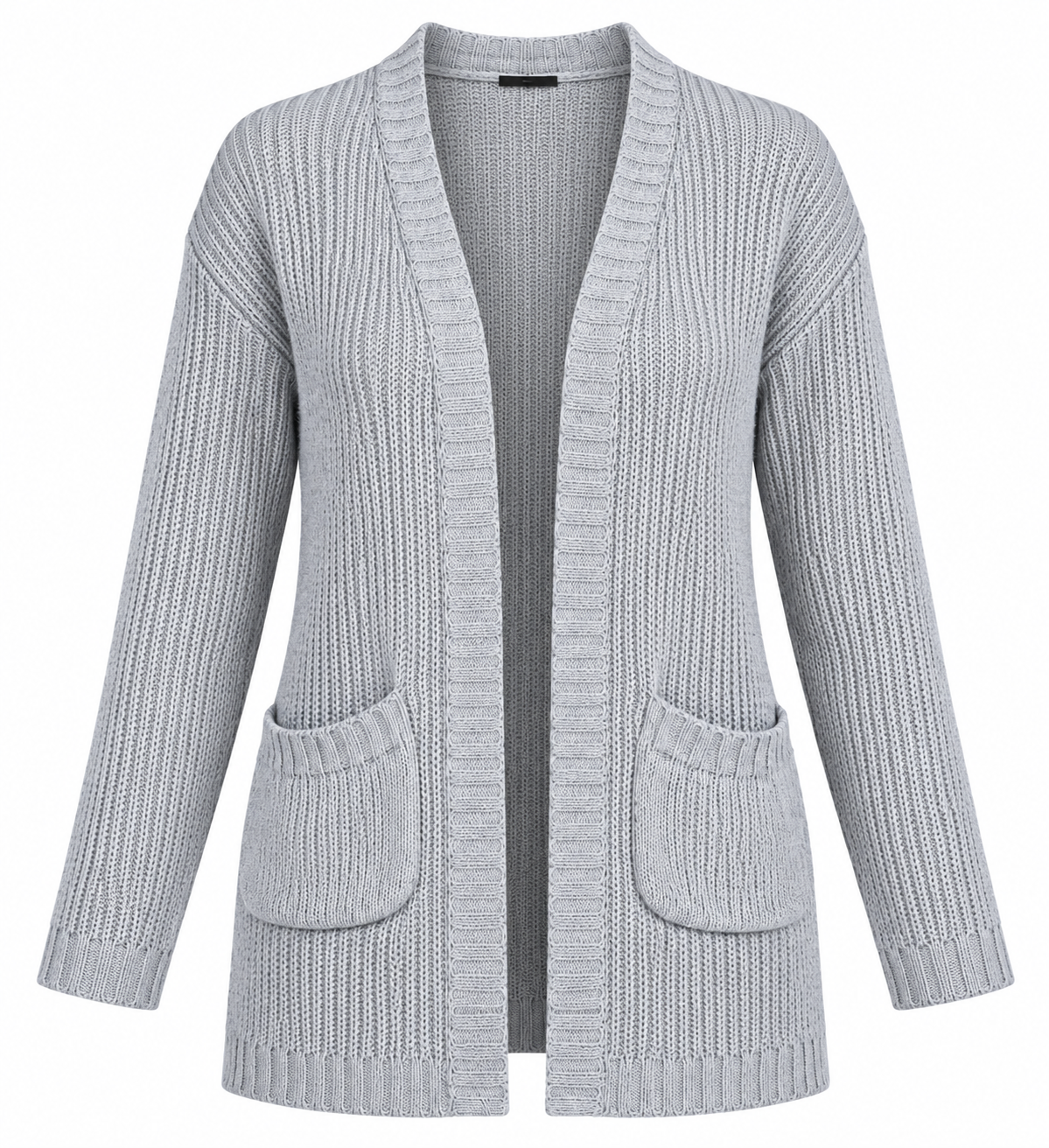 ATMOSPHERE women’s grey knitted open-front cardigan in UK Size S. Features long sleeves, ribbed trims and front pockets. Stylish everyday layering.