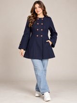 ATMOSPHERE Women Navy Blue Double-Breasted Flared Coat