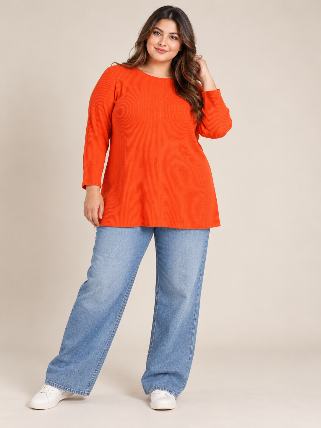ATMOSPHERE Women's Orange Ribbed Knit Tunic Top in UK 3XL. Stylish plus-size long sleeve top with a relaxed fit, perfect for casual everyday wear.