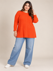 ATMOSPHERE Women's Orange Ribbed Knit Tunic Top in UK 3XL. Stylish plus-size long sleeve top with a relaxed fit, perfect for casual everyday wear.