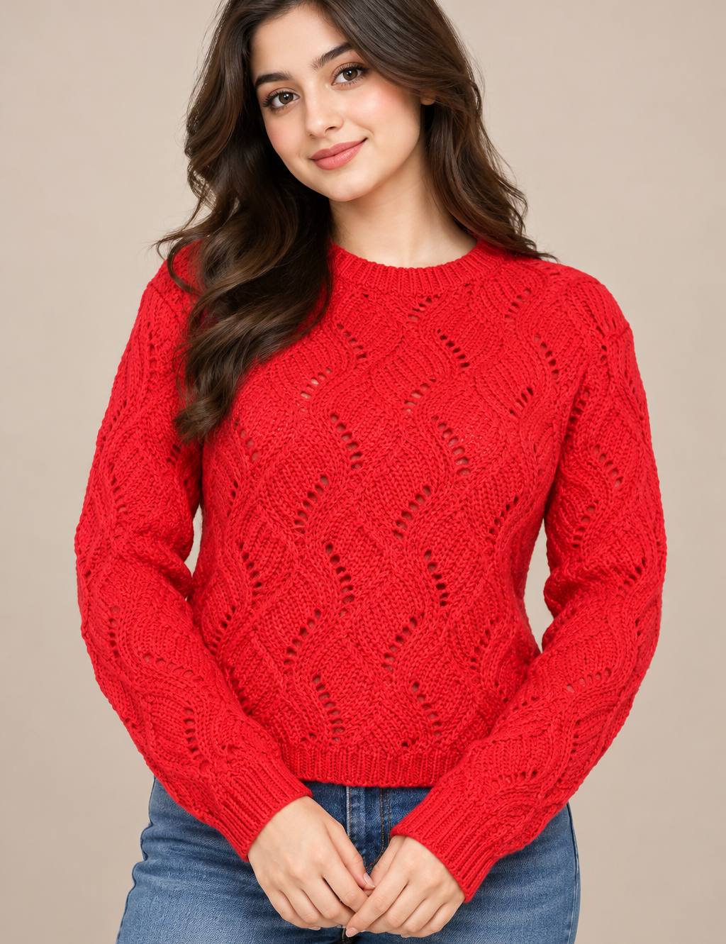 ATMOSPHERE women’s red open-knit sweater in UK Size S. Stylish waist-length jumper with full sleeves and textured knit design. Original UK fashion.