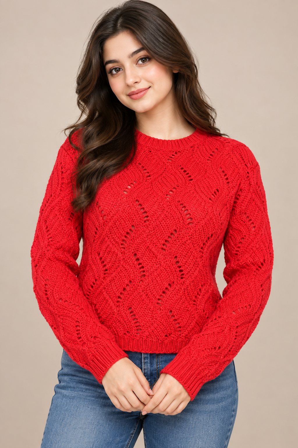 ATMOSPHERE women’s red open-knit sweater in UK Size S. Stylish waist-length jumper with full sleeves and textured knit design. Original UK fashion.