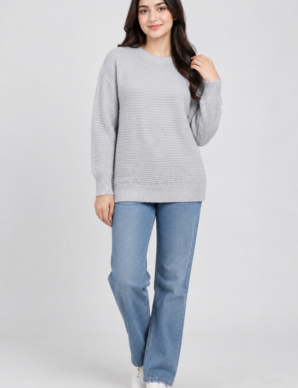 Atmosphere women’s grey ribbed knit sweater in UK Size L. Classic long-sleeve jumper with a versatile design, perfect for casual everyday styling and layering.