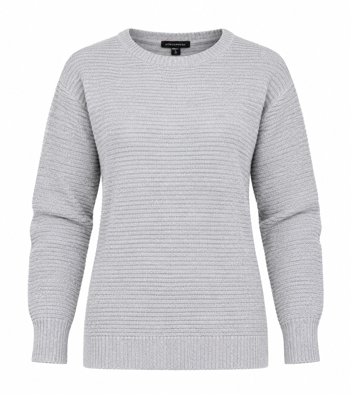 Atmosphere women’s grey ribbed knit sweater in UK Size L. Classic long-sleeve jumper with a versatile design, perfect for casual everyday styling and layering.