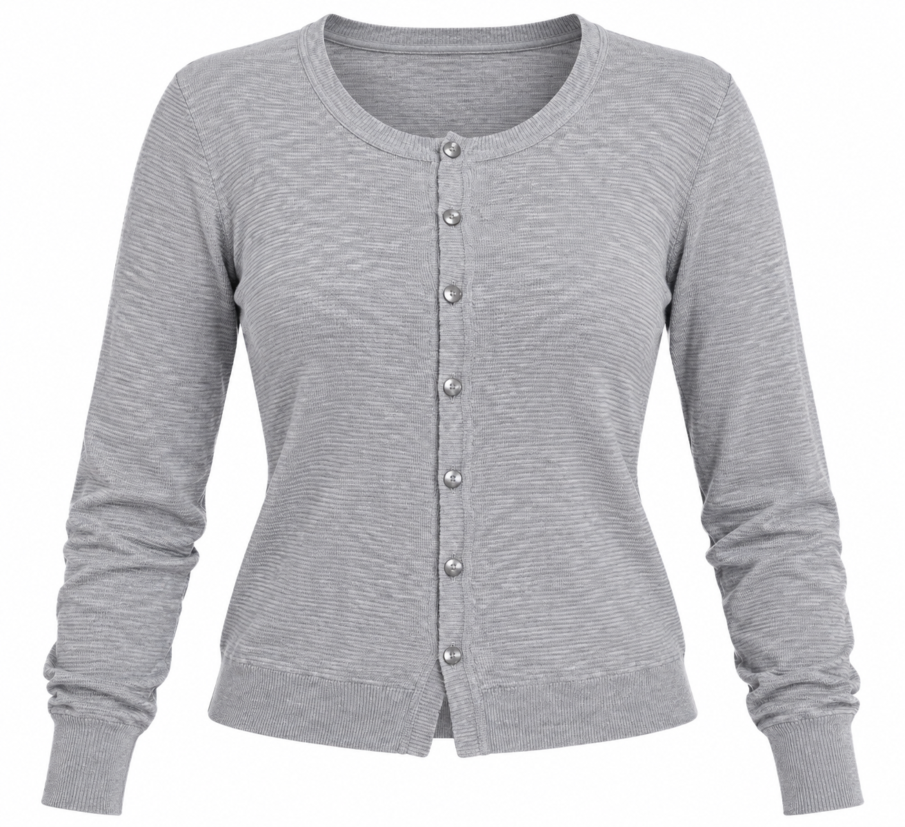  Atmosphere women’s grey button-up cardigan in UK Size 10. A lightweight long-sleeve layering piece with a classic round neck and versatile style.