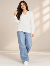 ATMOSPHERE Women White V-Neck Long Sleeve Knit Jumper