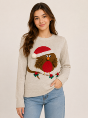 Atmosphere women’s beige Christmas robin jumper, UK size S, featuring a festive Santa robin and holly knit design. Perfect cosy winter and Christmas wear.