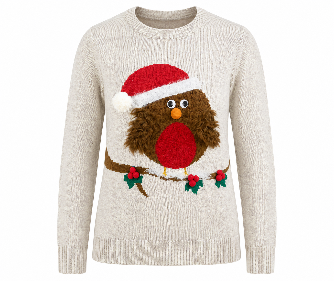 Atmosphere women’s beige Christmas robin jumper, UK size S, featuring a festive Santa robin and holly knit design. Perfect cosy winter and Christmas wear.