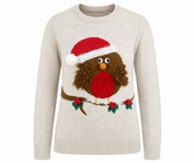 Atmosphere women’s beige Christmas robin jumper, UK size S, featuring a festive Santa robin and holly knit design. Perfect cosy winter and Christmas wear.