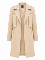ATMOSPHERE Women's Beige Trench Coat in UK Size 12. Stylish longline tailored design with wide lapels and pockets, perfect for formal, office and smart-casual outfits.