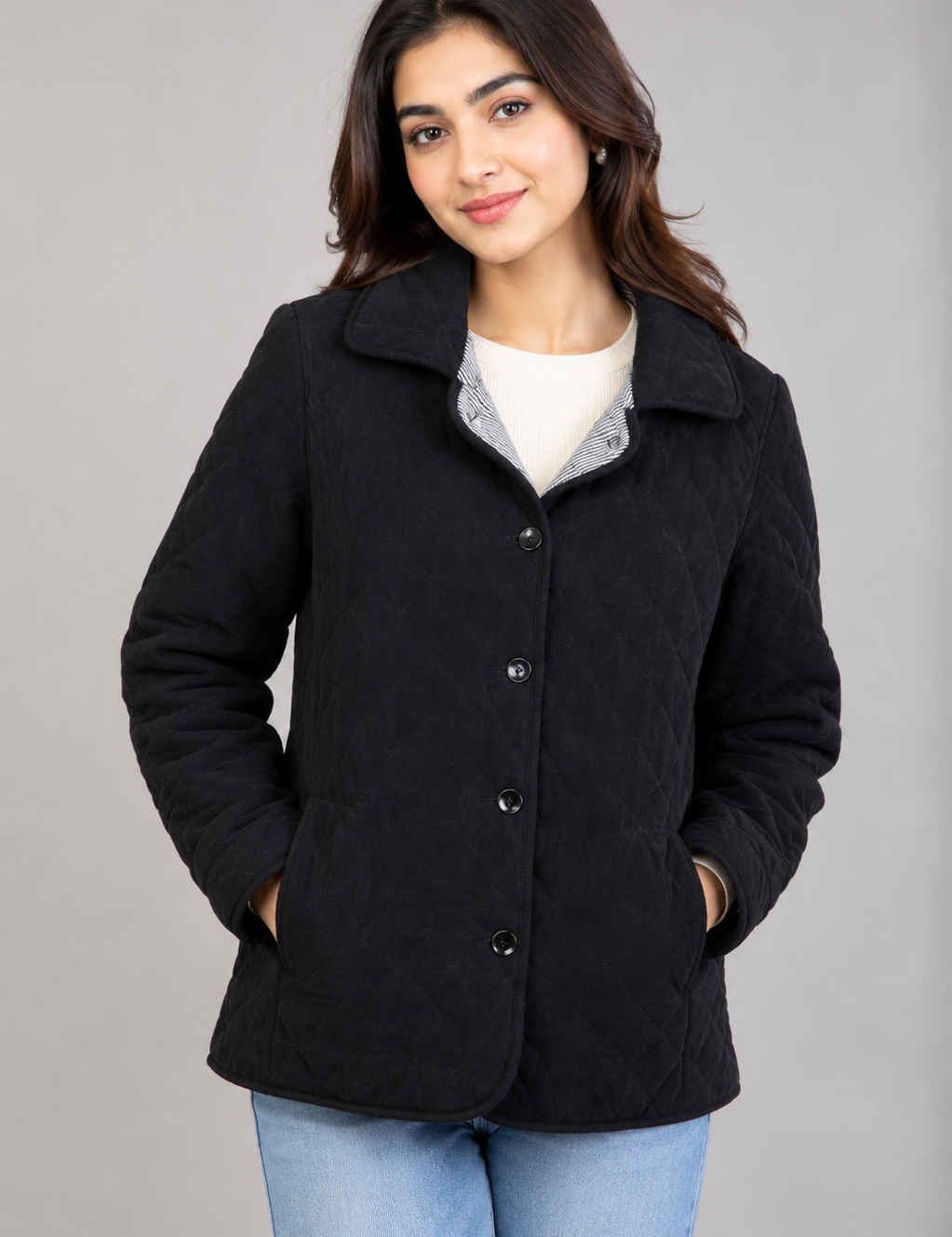  Atmosphere Women's Black Quilted Jacket featuring a classic button-up design, diamond quilting, and lightweight comfort. Premium pre-loved UK fashion perfect for everyday casual wear.