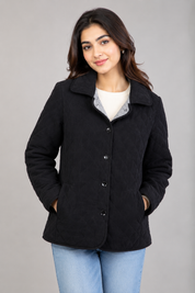  Atmosphere Women's Black Quilted Jacket featuring a classic button-up design, diamond quilting, and lightweight comfort. Premium pre-loved UK fashion perfect for everyday casual wear.