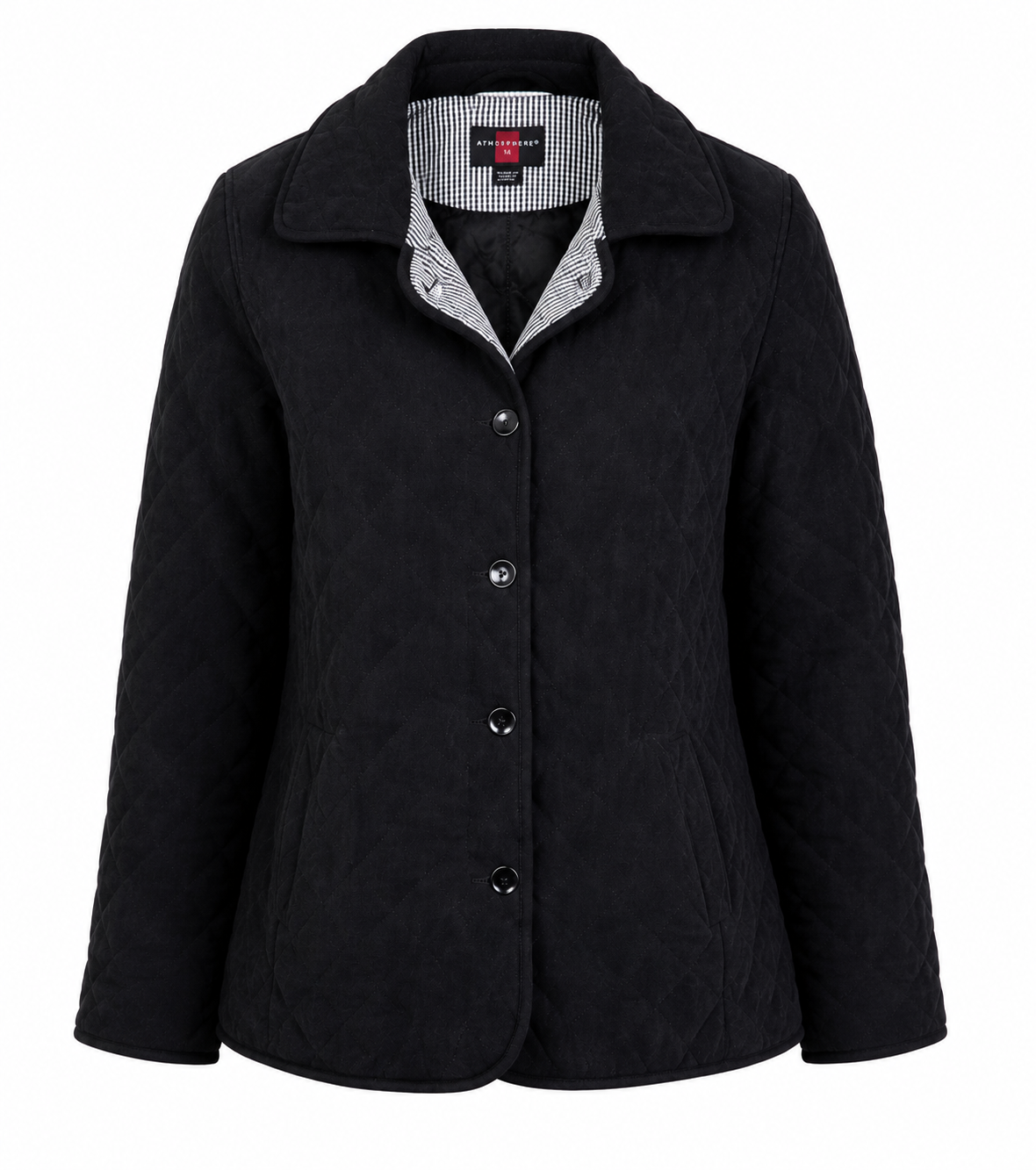  Atmosphere Women's Black Quilted Jacket featuring a classic button-up design, diamond quilting, and lightweight comfort. Premium pre-loved UK fashion perfect for everyday casual wear.