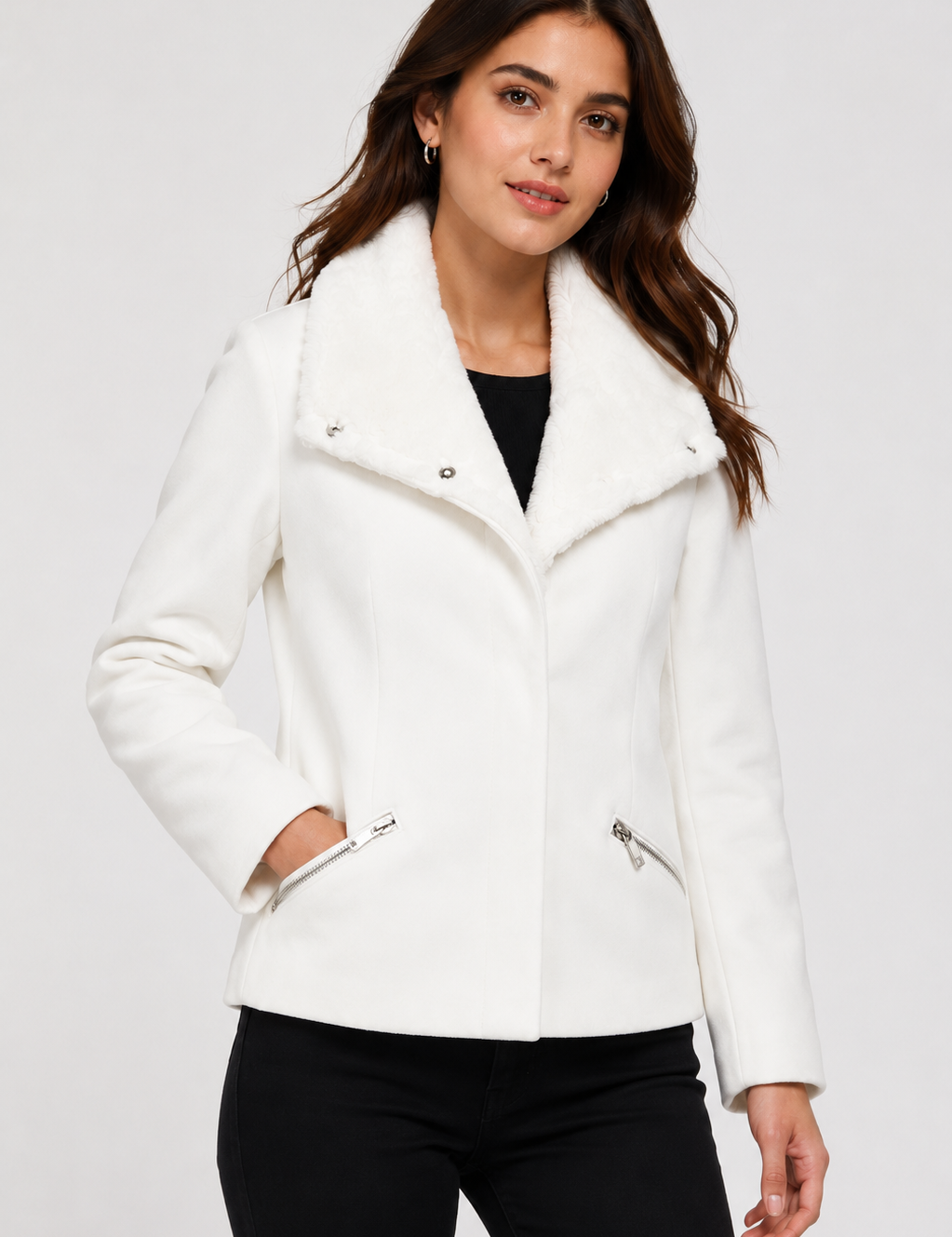Atmosphere Women's White Faux Fur Collar Short Coat featuring a stylish tailored fit, soft faux fur collar, concealed fastening, and zip pockets. Perfect for autumn and winter fashion.