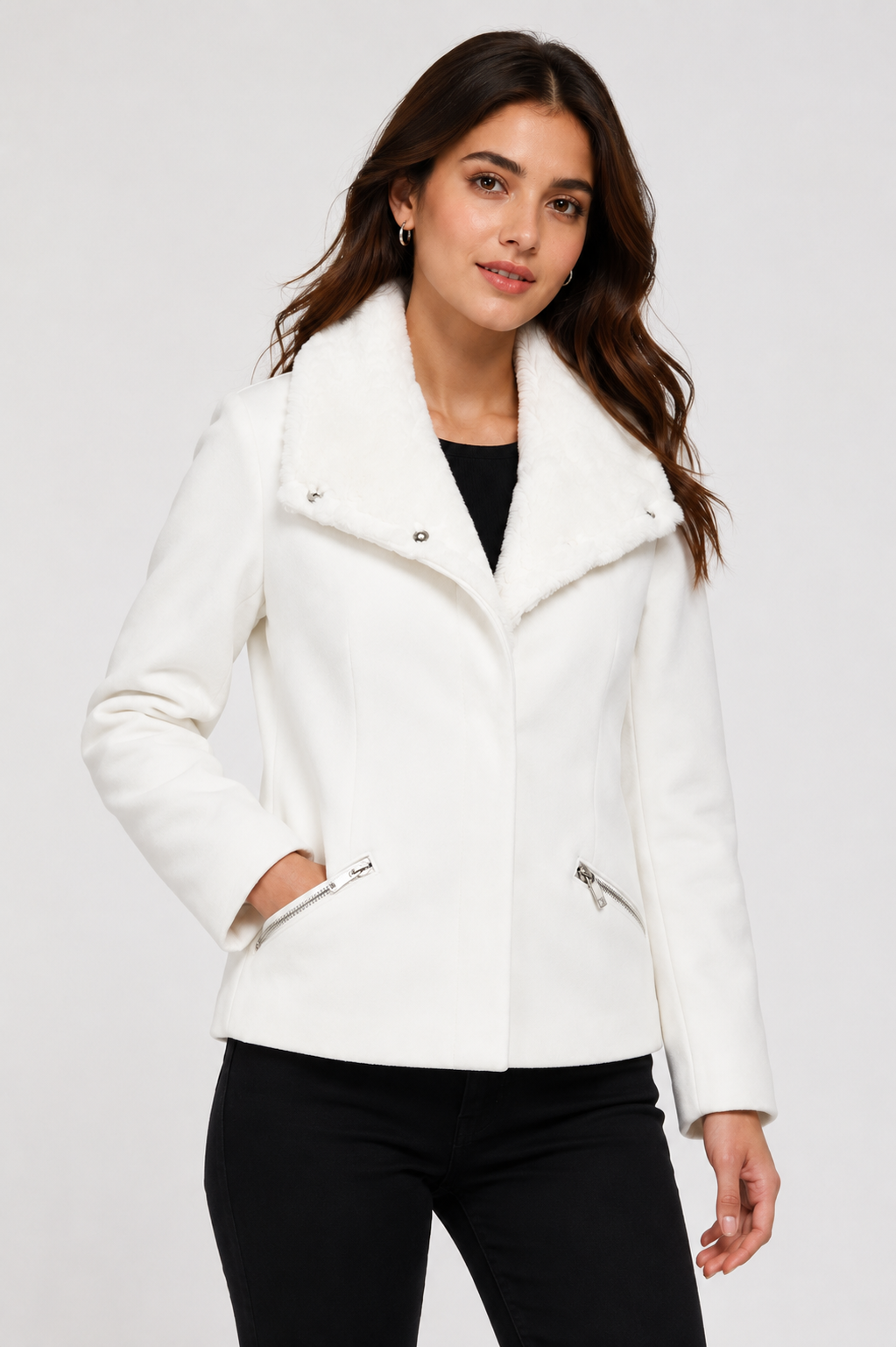 Atmosphere Women's White Faux Fur Collar Short Coat featuring a stylish tailored fit, soft faux fur collar, concealed fastening, and zip pockets. Perfect for autumn and winter fashion.