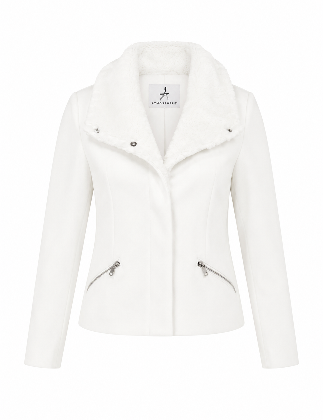 Atmosphere Women's White Faux Fur Collar Short Coat featuring a stylish tailored fit, soft faux fur collar, concealed fastening, and zip pockets. Perfect for autumn and winter fashion.