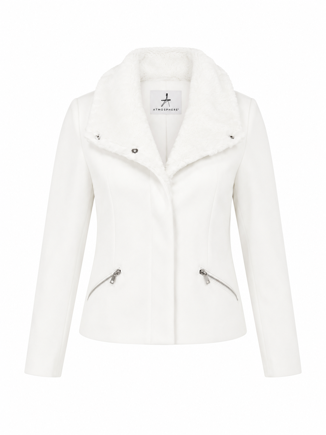 Atmosphere Women's White Faux Fur Collar Short Coat featuring a stylish tailored fit, soft faux fur collar, concealed fastening, and zip pockets. Perfect for autumn and winter fashion.