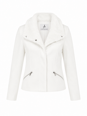 Atmosphere Women's White Faux Fur Collar Short Coat featuring a stylish tailored fit, soft faux fur collar, concealed fastening, and zip pockets. Perfect for autumn and winter fashion.