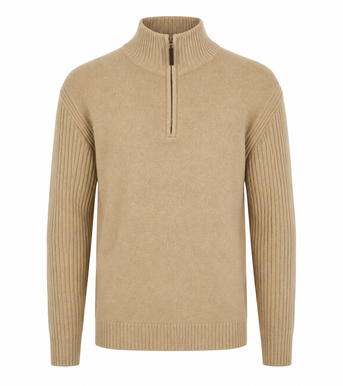 AUTHENTIC men's beige half-zip knit sweater in UK XL. Stylish ribbed mock neck, long sleeves and versatile design, perfect for casual everyday wear.