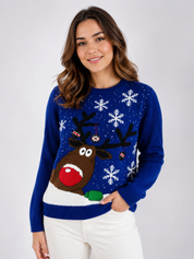  Authentic women’s blue Christmas reindeer jumper in UK XL. Festive snowflake knit design with long sleeves, crew neck and cosy winter style.
