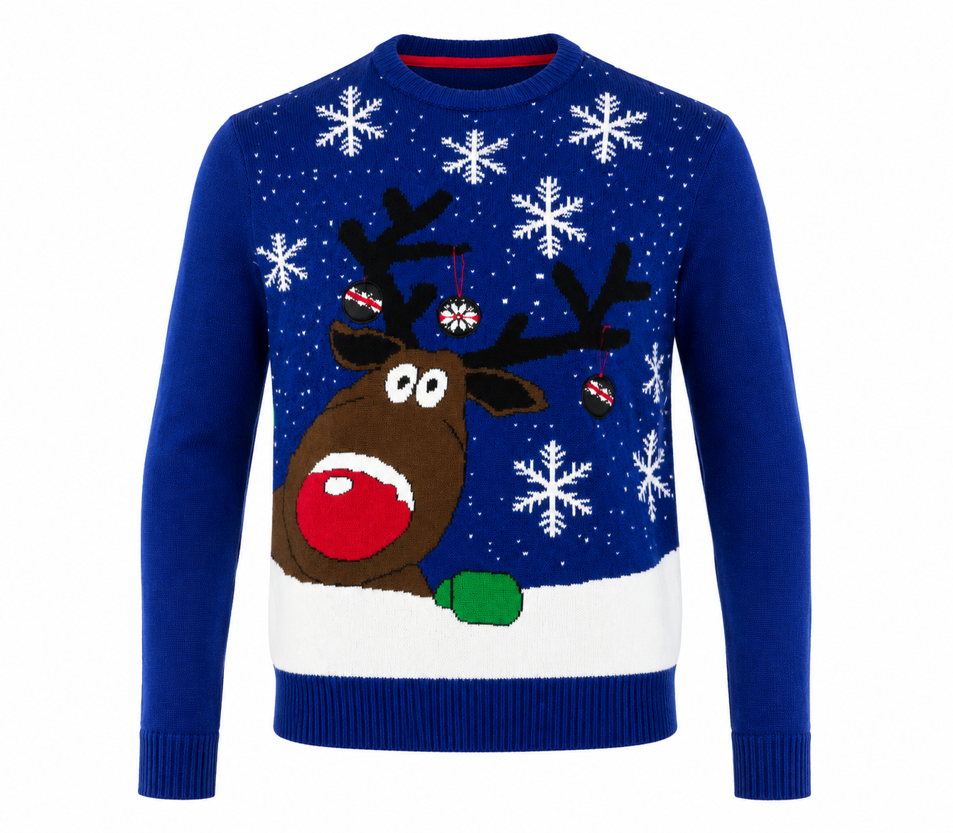  Authentic women’s blue Christmas reindeer jumper in UK XL. Festive snowflake knit design with long sleeves, crew neck and cosy winter style.