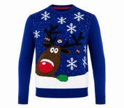  Authentic women’s blue Christmas reindeer jumper in UK XL. Festive snowflake knit design with long sleeves, crew neck and cosy winter style.