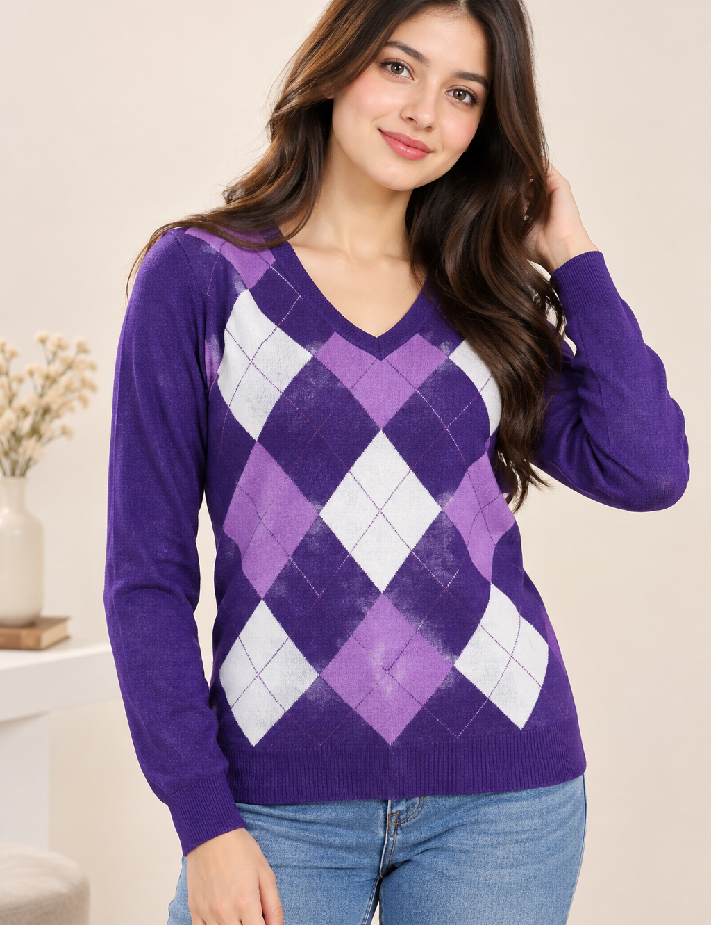  Autonomy women’s purple argyle V-neck jumper in UK Size S. Stylish long-sleeve knitwear with a classic diamond pattern for everyday wear.