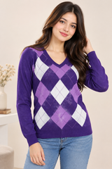 Autonomy Women Purple Argyle V-Neck Jumper