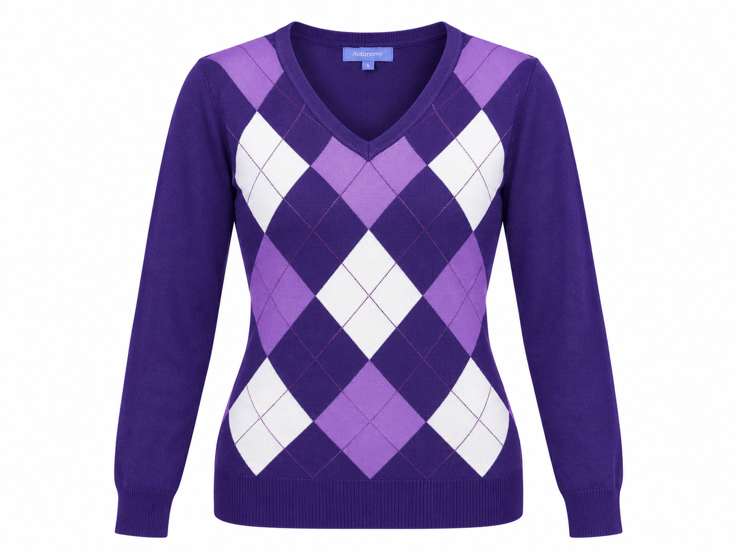  Autonomy women’s purple argyle V-neck jumper in UK Size S. Stylish long-sleeve knitwear with a classic diamond pattern for everyday wear.