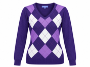  Autonomy women’s purple argyle V-neck jumper in UK Size S. Stylish long-sleeve knitwear with a classic diamond pattern for everyday wear.