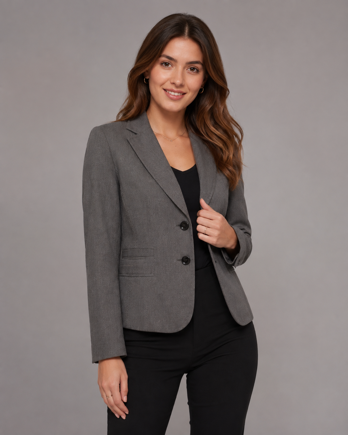 Autonomy Women’s Grey Tailored Blazer, featuring a smart two-button design, classic lapels and elegant structured fit. Perfect for office and formal wear.