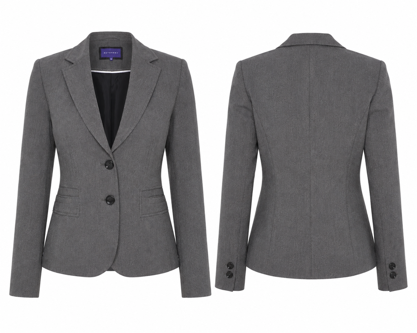  Autonomy Women’s Grey Tailored Blazer, featuring a smart two-button design, classic lapels and elegant structured fit. Perfect for office and formal wear.