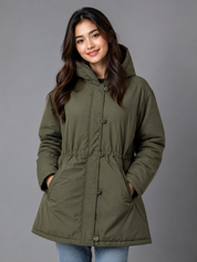  B.you women’s olive green hooded padded parka coat in UK size L. Stylish mid-length winter coat with button fastening, pockets and elasticated waist.