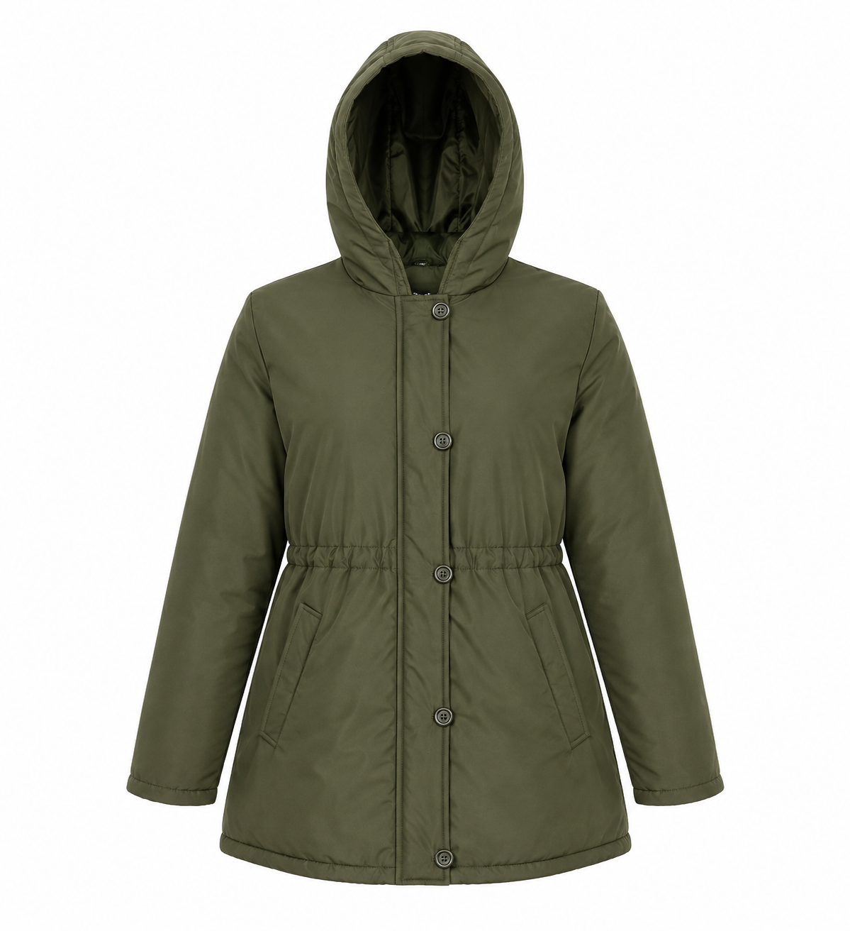  B.you women’s olive green hooded padded parka coat in UK size L. Stylish mid-length winter coat with button fastening, pockets and elasticated waist.