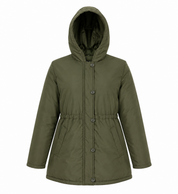  B.you women’s olive green hooded padded parka coat in UK size L. Stylish mid-length winter coat with button fastening, pockets and elasticated waist.