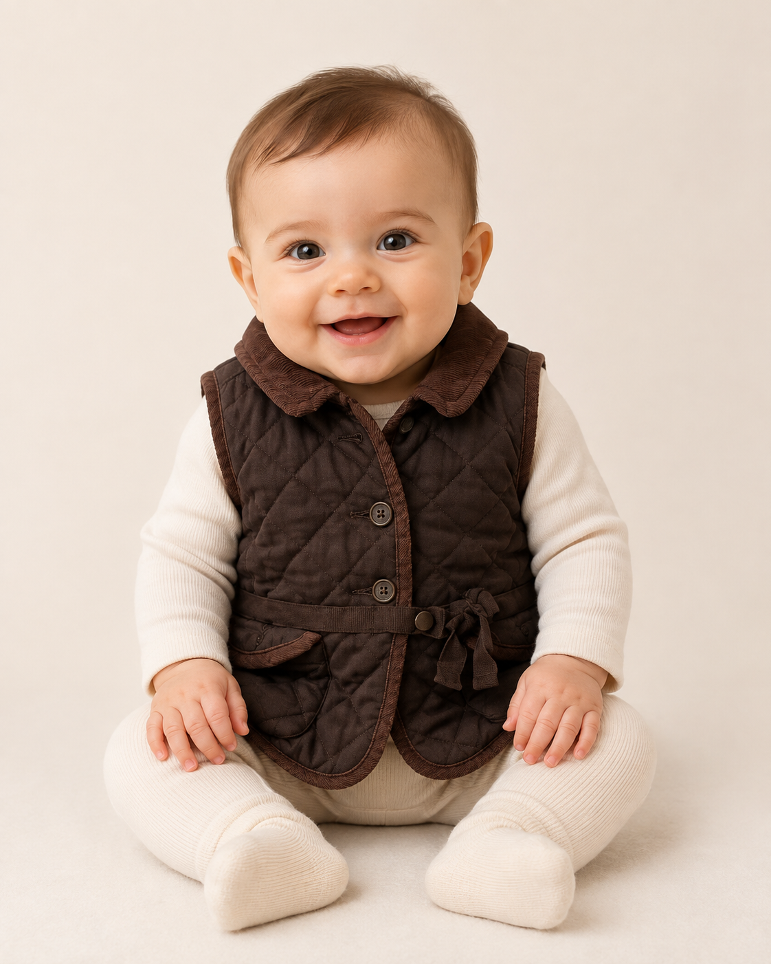  Baby Gap brown quilted vest for babies, UK size 6–12 months. Stylish sleeveless design with collar, buttons, pockets and waist tie.