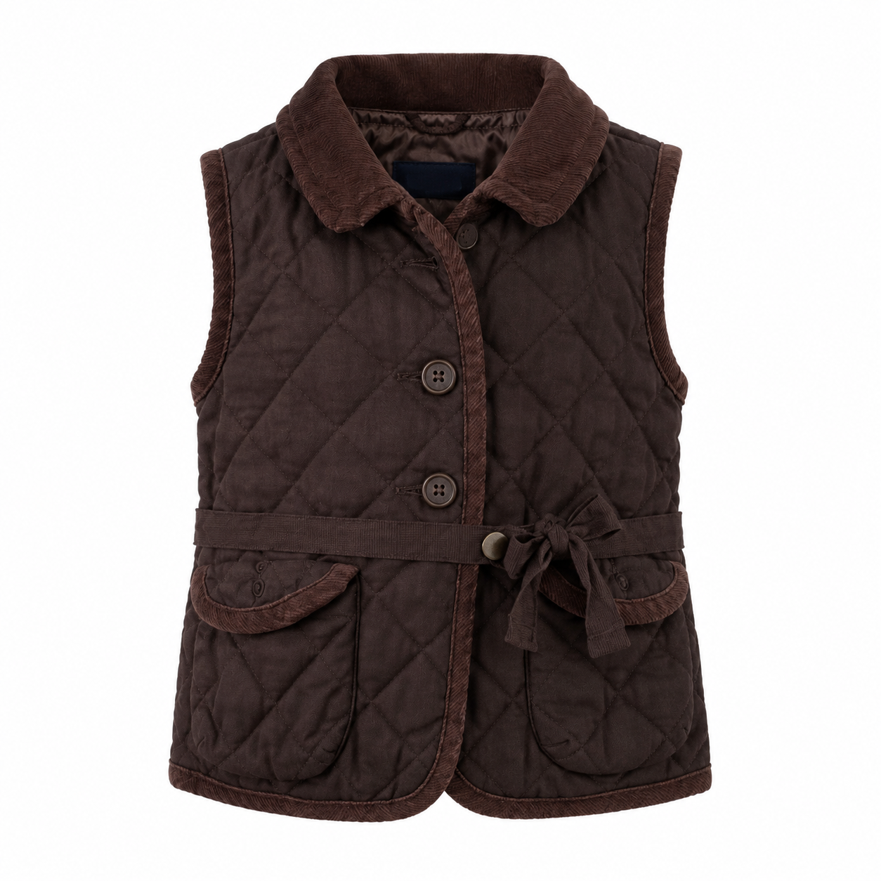  Baby Gap brown quilted vest for babies, UK size 6–12 months. Stylish sleeveless design with collar, buttons, pockets and waist tie.