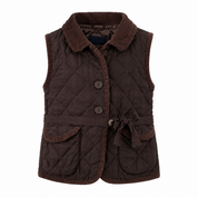  Baby Gap brown quilted vest for babies, UK size 6–12 months. Stylish sleeveless design with collar, buttons, pockets and waist tie.