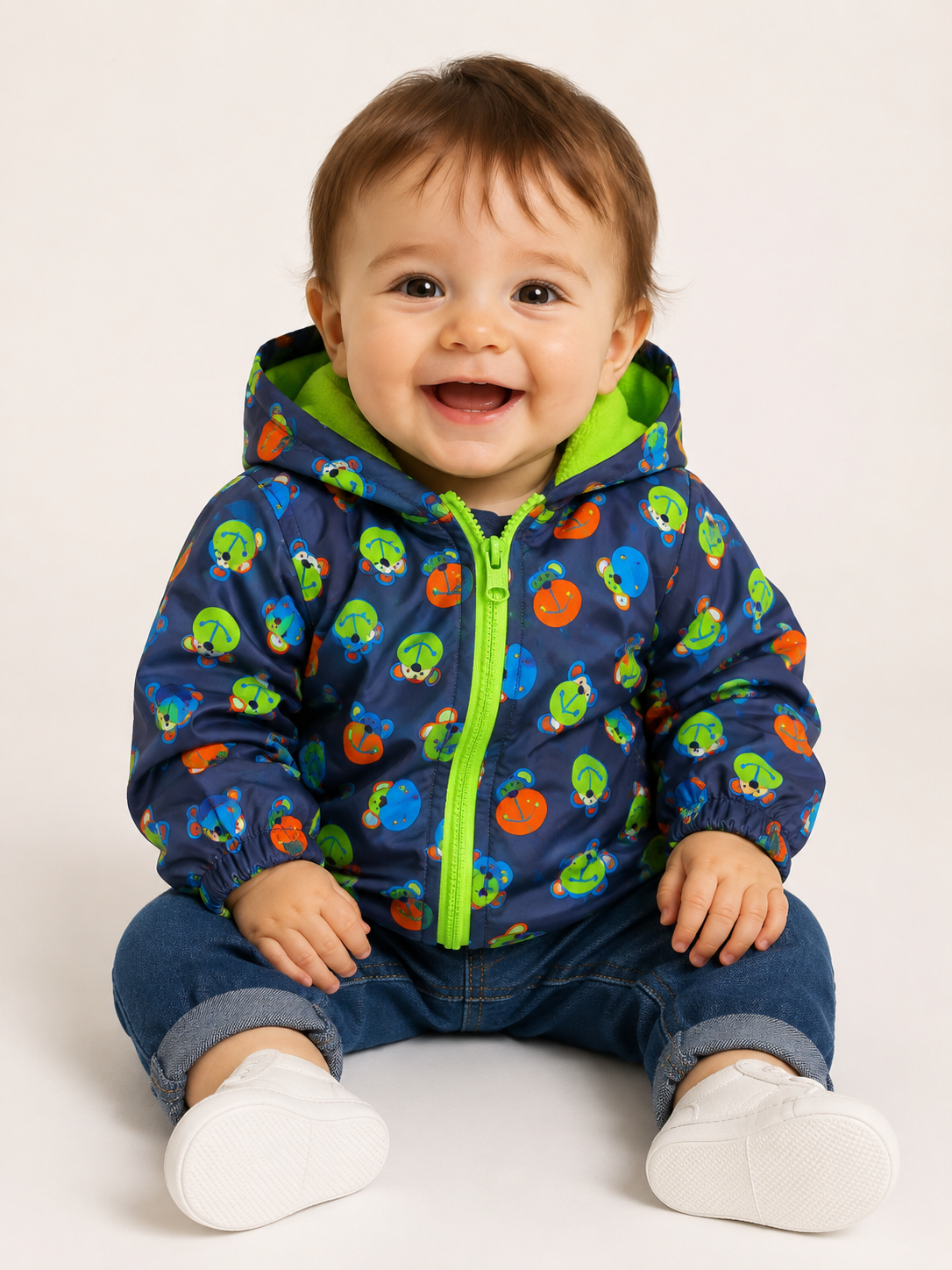 this cute Baby hooded jacket in navy blue with colourful bear print, lime-green fleece lining and zip fastening. UK size 9–12 months.