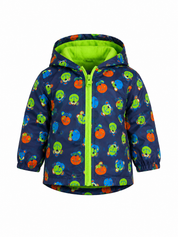  this cute Baby hooded jacket in navy blue with colourful bear print, lime-green fleece lining and zip fastening. UK size 9–12 months.