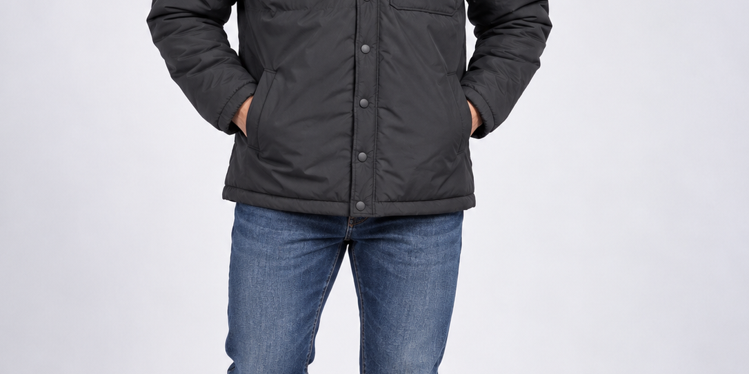 Badrhino Men's Black Padded Winter Jacket in UK 3XL. High neck, button fastening and practical pockets. Chest 29", length 30". Shop online in the UK.