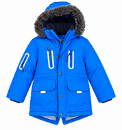 Baker boys blue hooded winter parka jacket in UK size 2–3 years. Warm padded design, faux-fur hood and multiple pockets. Original UK clothing.