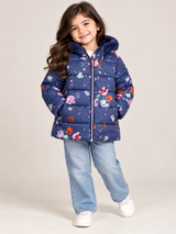 BAKER Girls Navy Blue Floral Puffer Jacket with Faux Fur Hood