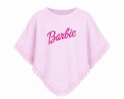 Barbie Girls Pink Fringe Poncho featuring soft fleece fabric, embroidered Barbie logo, and stylish fringe trim. Premium UK HandPicked quality for fashionable and cozy everyday wear.