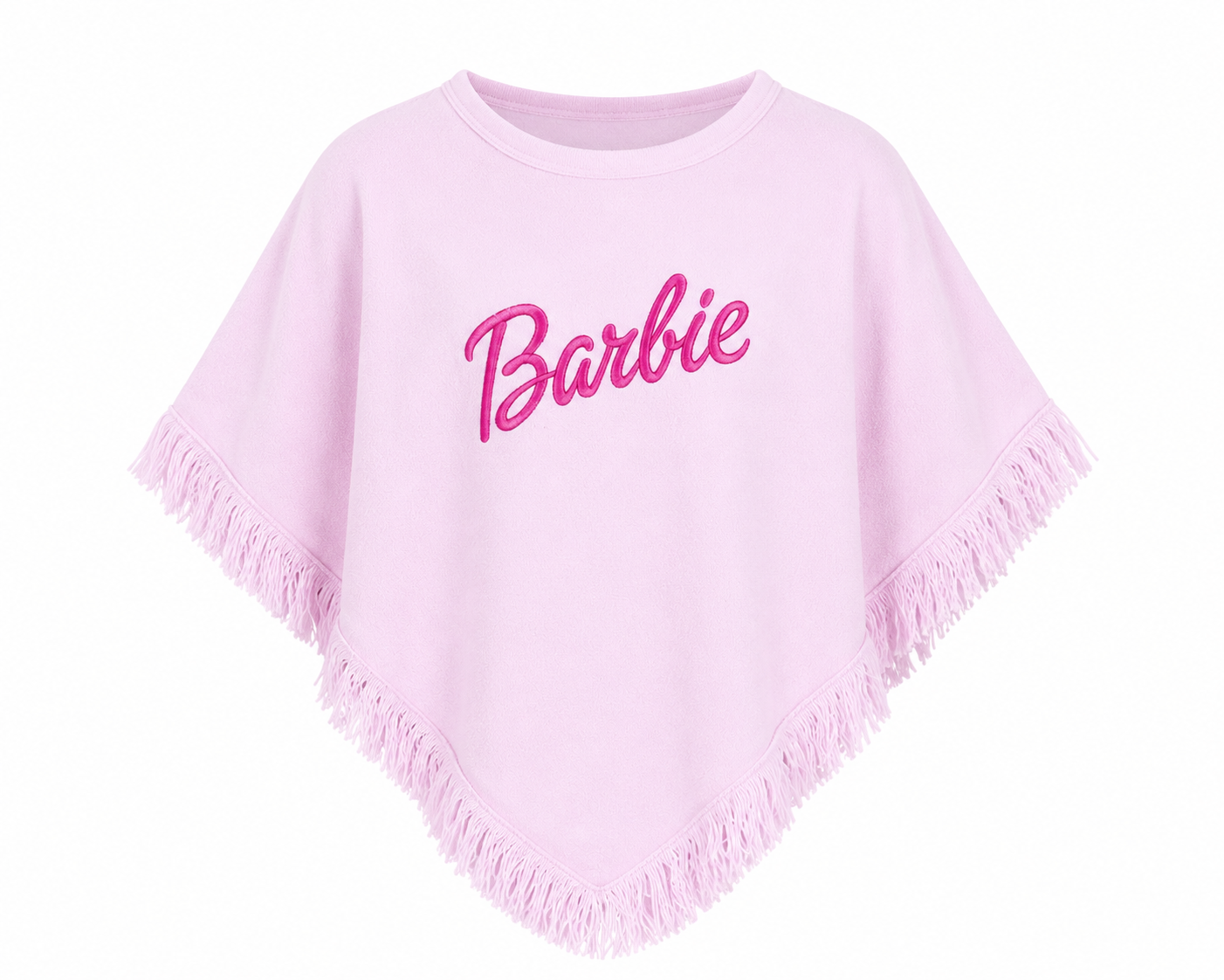 Barbie Girls Pink Fringe Poncho featuring soft fleece fabric, embroidered Barbie logo, and stylish fringe trim. Premium UK HandPicked quality for fashionable and cozy everyday wear.