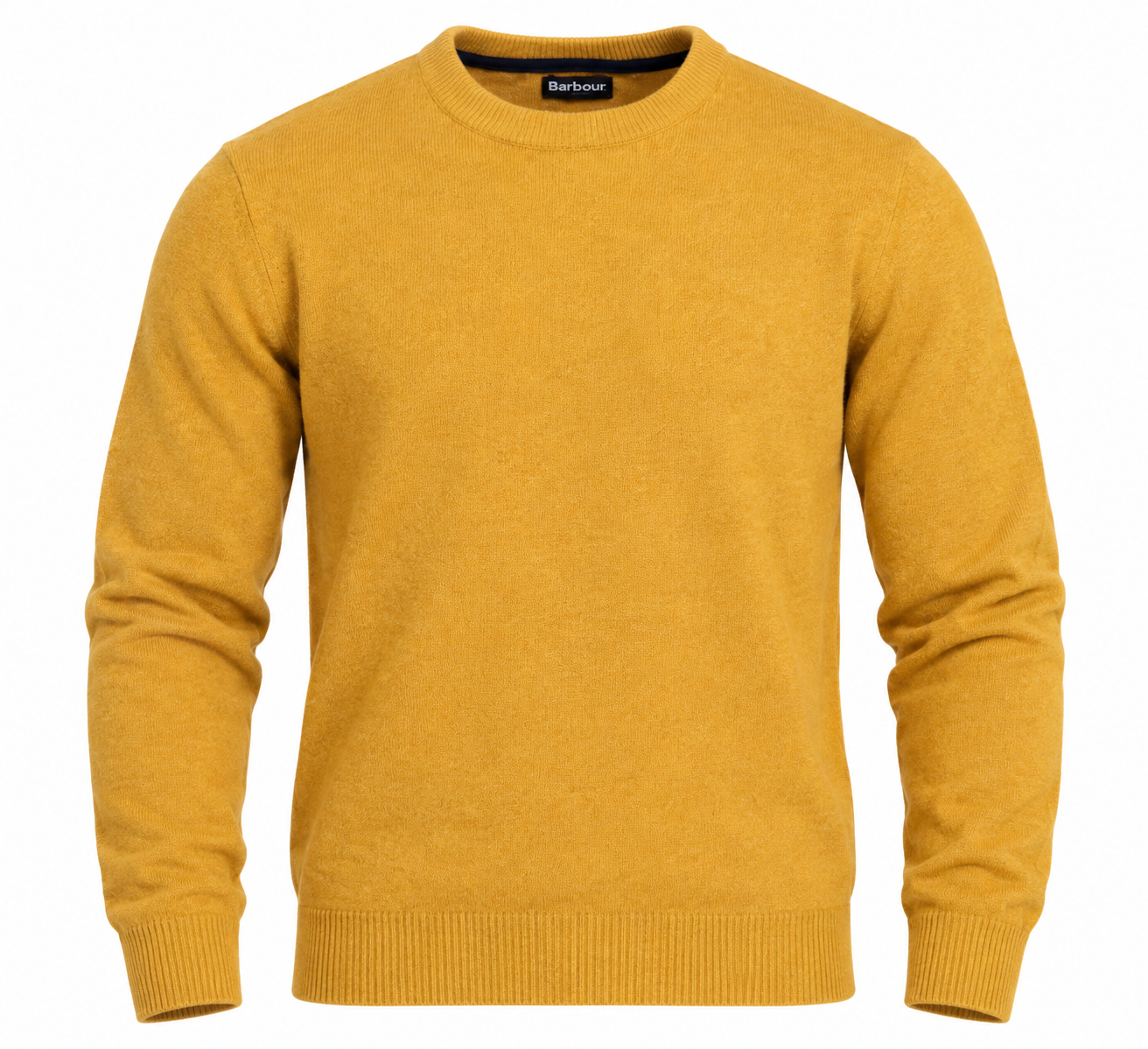 BARBOUR men’s mustard yellow crew neck knitted jumper in UK size XXL. Classic long-sleeve design with ribbed trims. 4-star rated condition.