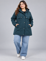 BASIC EDITION Women Teal Blue Hooded Parka Jacket