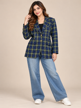BASLER Women Navy Blue & Green Tartan Check Blazer