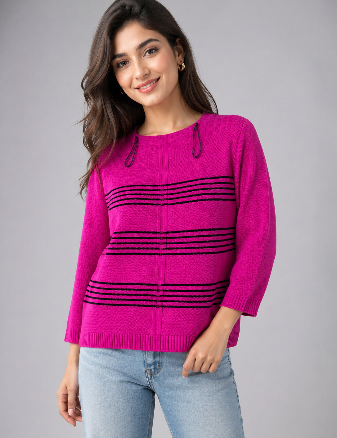 BASSINI pink knit sweater in UK size M, featuring stylish black horizontal stripes, long sleeves, ribbed detailing and a comfortable casual fit.